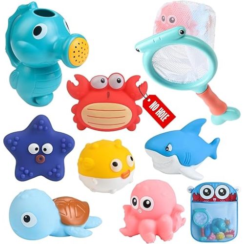 Mold Free Bath Toys for Toddlers No Hole Baby Bathtub Toys with Sea Animals, Seahorse Watering Can, Fishing Net & Storage Bag, Floating Pool Toys for Boys and Girls