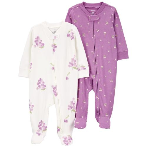 Baby 2-Pack 2-Way Zip Cotton Sleep & Play Pajamas - 6M - Style,White/Purple
