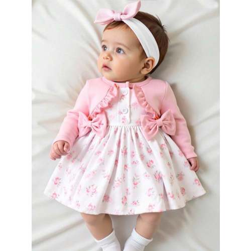 SHEIN Newly Born Baby Girl Pink Long Sleeved Patchwork Floral Bow Dress With Elegant, Sweet And Cute Headband, Suitable For Daily Outdoor Leisure Activities In Autumn Fall Winter | SHEIN USA
