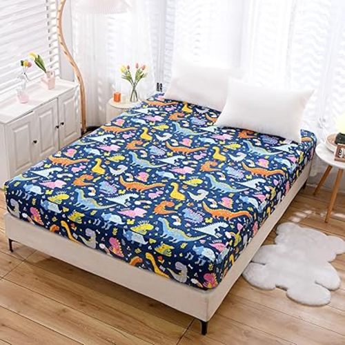 Bedding Fitted Sheet with Deep Pocket for Boys Girls Full Size Bed,Dino Printed Thicken Fabric Bed Sheets (Navy Blue(Dinosaur), Full)