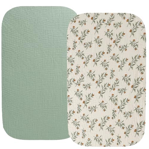 Muslin Bassinet Sheet Compatible with Baby Delight Beside Me Dreamer Bassinet, 2 Pack Cotton Stylish Boho Fitted Bassinet Sheets Super Soft for Baby Roman Green & Botanical Leaf