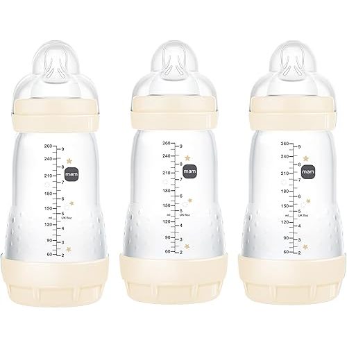 MAM Easy Start Anti-Colic Bottle, Baby Essentials, Medium Flow Bottles with Silicone Nipple, Unisex Baby Bottles, Designs May Vary, 9 oz (3-Count),