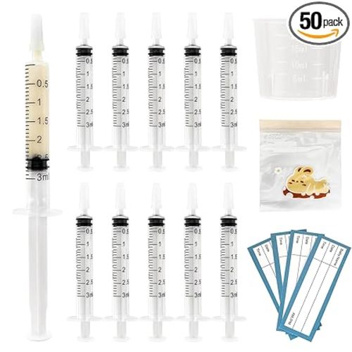 50 Sets Colostrum Syringes,3mL Colostrum Collector Kits Include 50PC 3ml Sterile Syringe with Cap, Sticker, Clear ziplock Bag and a Measuring Cup