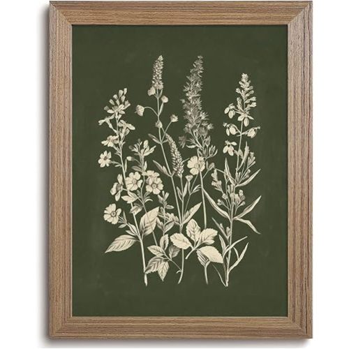 JQ7OL Botanical Wall Art Wood Framed Vintage Floral Cottage Core Decor Green Sage Wall Art Cottagecore Rustic Canvas Decor Minimalist Floral Picture Farmhouse Painting 8x10 Inch