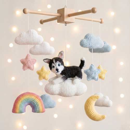 Baby Mobile with Crocheted Dog Cat, Custom Crochet Dog Cat, Nursery Mobile For Baby, Baby Crib Mobile, Nursery Worker Gift, First Month Gift