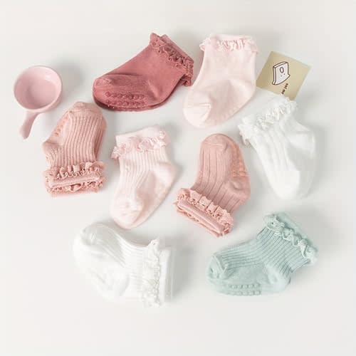 5 Pairs Toddler Anti Slip Non Skid Socks Baby Little Girls Lace Flower Stripe Crew Socks