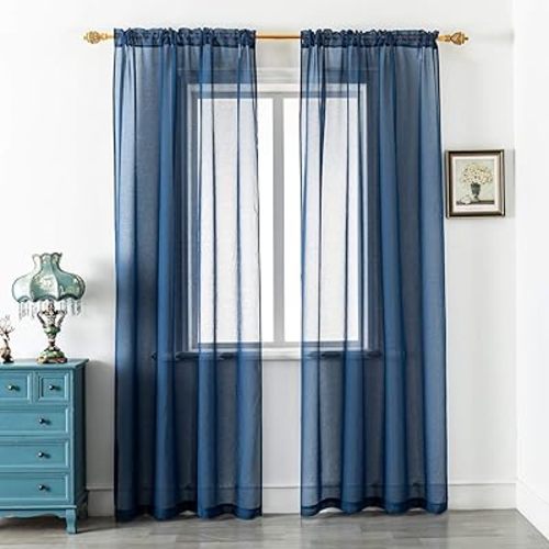 DUALIFE Navy Blue Sheer Curtains 63 Inches Long for Kitchen 2 Panel Set Rod Pocket Light Reducing Linen Look Nautical Indigo Blue Sheer Curtains for Bedroom Kids Nursery Boys Room 52x63 Inch Length