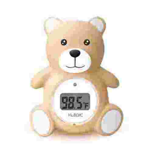 HubiBaby Baby Bath Thermometer & Digital Room Temperature, 2in1 Kids Bathroom Safety Products with Temperature Warning, Floating Teddy Bear (Khaki)