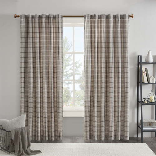 Madison Park Anaheim Plaid Rod Pocket and Back Tab Curtain Panel with Fleece Lining in Brown, 50"x95"
