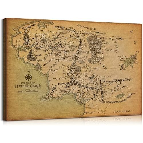Middle Earth Map Wall Art Canvas Print - Fantasy Map of Middle Earth - 12''H x 18''W with Inner Wooden Frame - Lightweight & Easy to Hang - Perfect for Bedroom, Game Room Decor