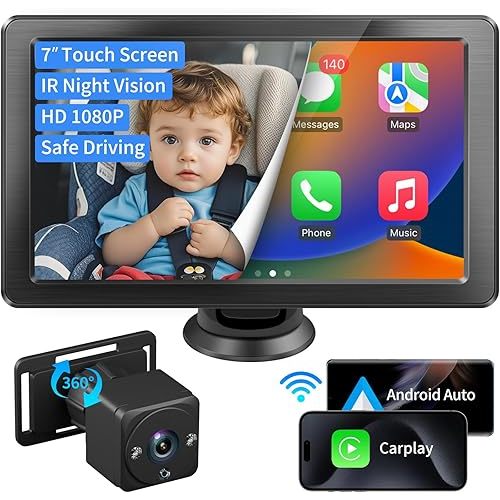 7" HD Touchscreen Baby Car Camera - Car Baby Monitor with Apple CarPlay, 1080p Ultra Night Vision, Invisible Infrared Lights, 150° Wide Angle, Easy Installation, Fits Most Cars