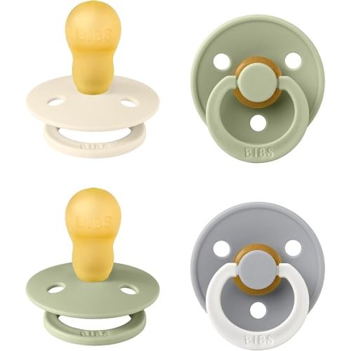 BIBS Colour Soother 4-Pack | BPA Free Dummy Pacifier | Round Nipple | Natural Rubber Latex | Made in Denmark | Size 18-36 Months | Sage Glow Mix