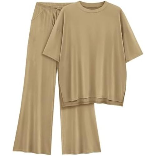 Womens Lounge Set 2 Piece Outfits Casual Loose Fit Short Sleeve Tops and Wide Leg Pants Tracksuits