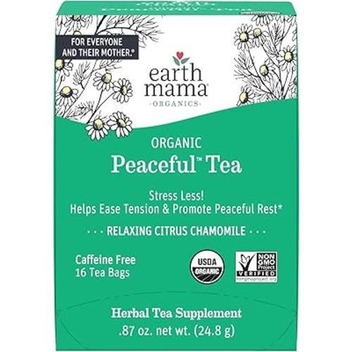 Earth Mama Organic Peaceful Tea | Stress Less! Calming, Relaxing Herbal Blend Safe for Pregnancy & Beyond, 16 Teabags Per Box