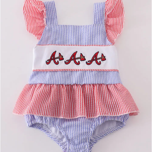 Navy seersucker Georgia Atlanta Braves embroidery girl one-piece swims – HoneyBean