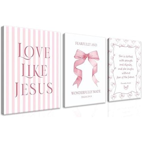 Coquette Pink Bow Wall Art Set of 3, Light Pink Bow Dorm Room Wall Decor Paintings, Inspirational Scripture Verses Canvas Posters Prints Pictures for Girls Dorm Room Bedroom Bathroom 12x16 Inch Framed