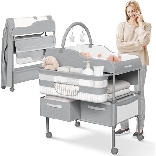 Bambee Baby Changing Table with Wheels - Modern Dresser Changing Tables w/Hanging Toys, Laundry Bag, Changing Table Organizer Boxes - Folding Waterproof Baby Diaper Changing Station for Nursery Room