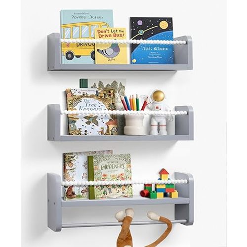 Nursery Book Shelves, Set of 3 Kids Bookshelves Natural Wood Wall Mount Organizer with Towel Bar Hanging Nursery Decor for Kids Room, Playroom, Bedroom and Kitchen, Grey