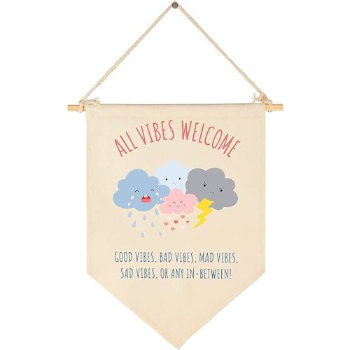Classroom Wall Banner Decor-Teacher Gift-Inspirational Mental Health Wall Flag-All Vibes Welcome-Positive Vibes Quote-Feeling Hanging Canvas Pennant Sign for Guidance Counselor Therapy-Back to School