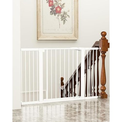 keny 29.7"-51.5" Extra Wide Baby Gate for Stairs, Easy Walk Thru Dog Gate with 21.1" Large Opening Door, Pressured Mounted No Drilling Pet Gate, 30" Tall, White