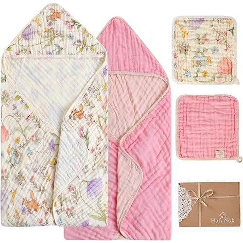 4-Piece Ultra Soft Muslin Baby Towel Set - Muslin & Bamboo Viscose Blend, Ideal for Bath & Beach, Suitable for Baby Girls, (Garden Woodland, 32x32 inches)
