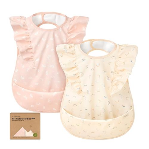 KeaBabies Waterproof Bibs for Baby Girl,Boy – 2-Pack Lightweight, Large Baby Bibs for Eating, Wearable Food Catcher, 6-12 Months Infant Feeding Essentials, Smock for Toddlers 1-3, Kids (Jolly Rainbow)