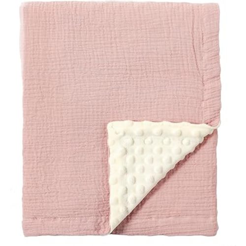 CREVENT 30''X40'' Organic Muslin Cotton Baby Blanket for Newborns, Soft Mink Backing, Essential for Baby Shower Birthday Gift - Pink 75X100cm