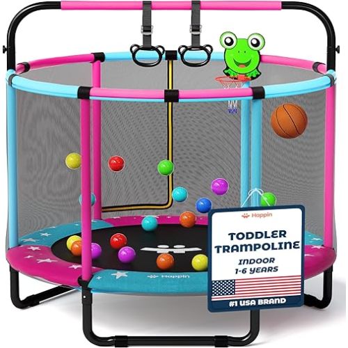 Happin® 55” Upgraded Toddler Trampoline Indoor & Outdoor Playset Ages 1-6, 5FT Kids Trampoline, Ultra Safe Mini Trampoline for Kids with Safety Enclosure Net, Gifts for Birthday Boys and Girls