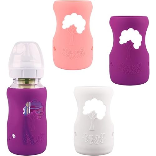 3 Pack Silicone Sleeves for Dr. Brown's Natural Glass Baby Bottles, Anti Breakage Baby Bottle Holder, Compatible Dr. Brown Wide-Neck Glass Baby Bottles 9 oz (White+Pink+Purple)