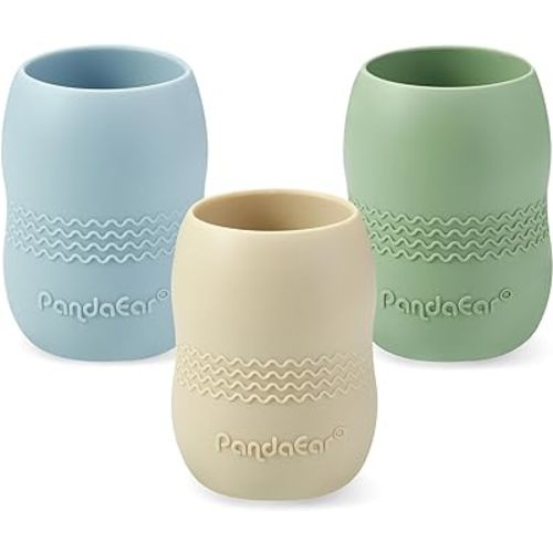 PandaEar 3 Pack 100% Tiny Silicone Drinking Training Cup for Baby and Toddler, Tiny Open Cups for Infants (Blue/Green/Tan)