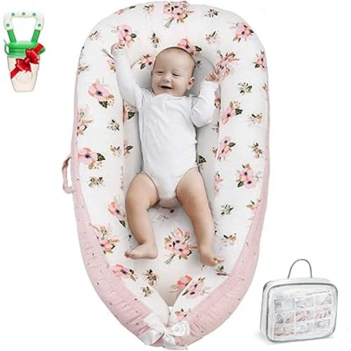 Baby Lounger 0-24 Months | Adjustable Baby Lounger for Newborn | Breathable Organic Cotton Infant Lounger Cover | Reversible Design, Portable Baby Nest Lounger | Includes Baby Bib | (Pink)
