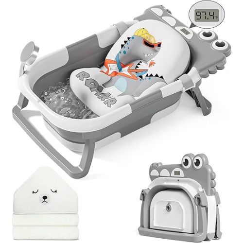 MoreFeel Collapsible Baby Bathtub for Newborn with Thermometer & 1 Hooded Towel & 1 Soft Floating Cushion,Portable Travel Bathtub with Drain Hole, Durable Foldable Baby Tubs for Infants to Toddler