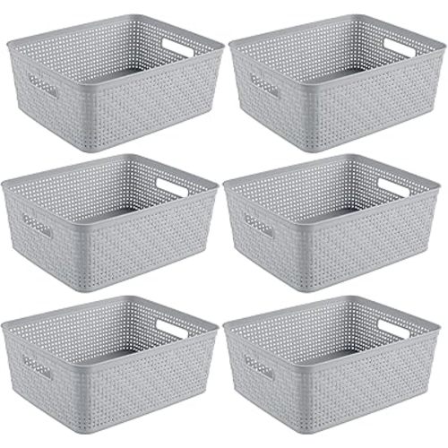 Sterilite 6 Pack Plastic Storage Bin Organization Containers, Short Baskets, Cement