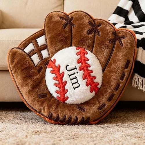 Drawelry Personalized Sports Pillow, Custom 3D Letter Shape with Basketball Baseball Football, Sports Theme Plush Cushion with Name Christmas Birthday Gift for Sports Fans (Pitcher Glove)