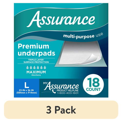 (3 pack) Assurance Unisex Premium Underpad for Adults, L , Maximum Absorbency (18 Count)