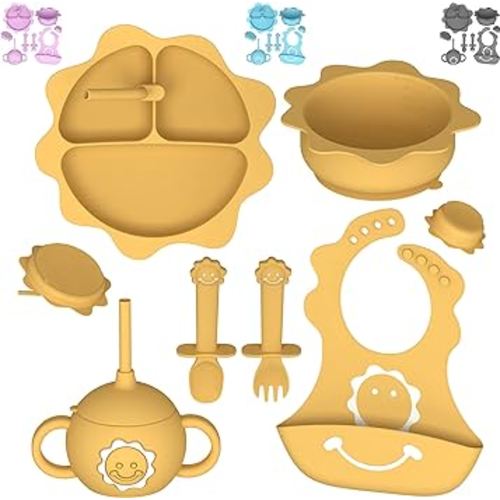 Silicone Baby Feeding Set - DINETHICS Baby Feeding Set includes Suction Plates for Baby , Sippy Cups with Straw , Baby Bowls with Suction , Baby Spoons Self Feeding 6 Months + & Silicone Bibs
