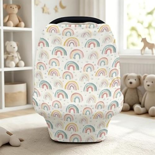 Watercolor Rainbow Pattern Car Seat Cover for Unisex Baby,5-in-1 Infant Toddler Privacy Nursing Breastfeeding Canopy,Stretchy Carseat Canopies for Girls Boys,Breathable Newborn Shopping Cart Covers