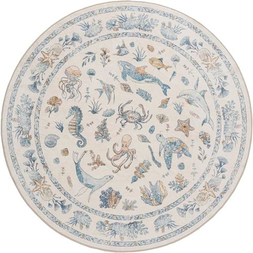 Soft Marine Animal Washable Faux Wool Stain Resistant Rug Rubber Non-Slip Backing for Playroom Bathroom Living Room Bedroom Bedside Beachy Cute Coastal Nautical Nursery Rug (Blue Multi, 5' Round)