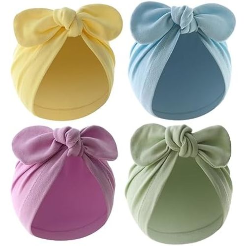 4PCS Newborn Baby Bow Knot Turban Hat Infant Toddler Hospital Hat Cotton Head Wrap Beanie Cap