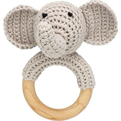 Woodland Friends Baby Rattle Shaker Toy with Wooden Teething Ring Gray Elephant