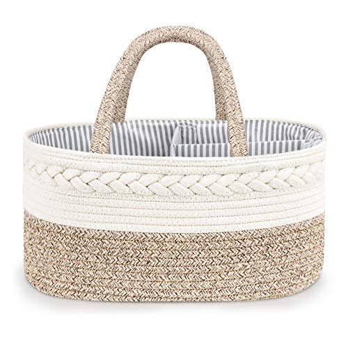 Maliton Baby Diaper Caddy Organizer, X-Large Cotton Rope, Rustic Style, Portable, 3 Compartments, A-Brown
