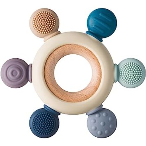 Baby Teething Toys Silicone Teethers BPA Free Silicone Rudder with Wooden Ring Soothe Babies Gums (Gray)