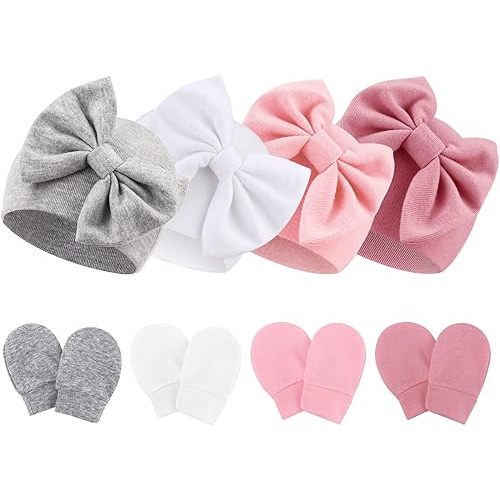 Newborn Baby Hats and Mittens Set Infant Bow Beanie Cap Toddler Gloves Newborn Hospital Hats for Baby Boy Girl 0-6 Months