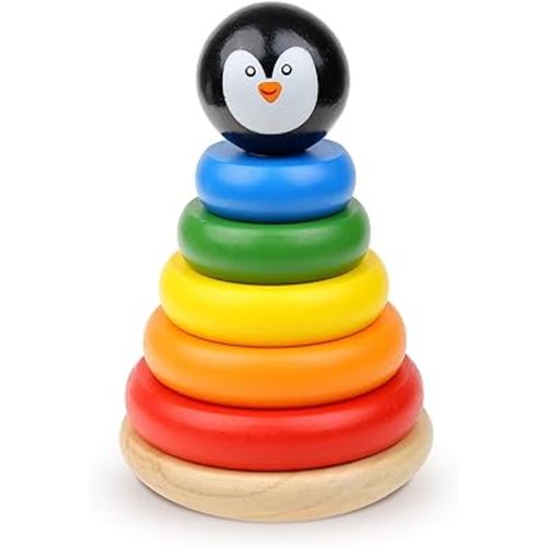Boxiki kids Wooden Stacking Toy with Penguine Topper - Kids Stacking Rainbow Rings for Toddlers - Learning and Educational Wooden Toys for 3+ Years Kids.