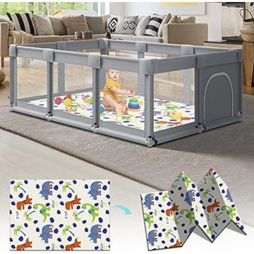 74" ×50" Large Baby Playpen, Baby Playard for Babies and Toddlers, Baby Fence Play Pens for Indoor & Outdoor, Sturdy Safety Play Yard with Soft Breathable Mesh, Anti-Fall, Grey (with MAT)