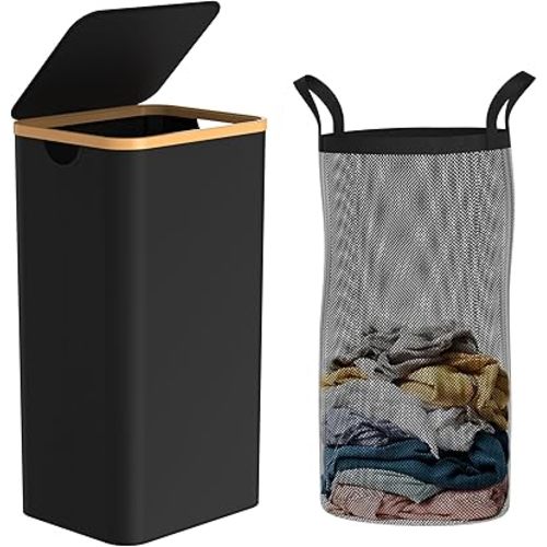 Slim Laundry Hamper with Lid,100L(26.4 Gallon) Black Narrow Laundry Basket with Removable Bag,Stylish Dirty Clothes Basket for Bathroom,Dorm,Bedroom and Laundry Room