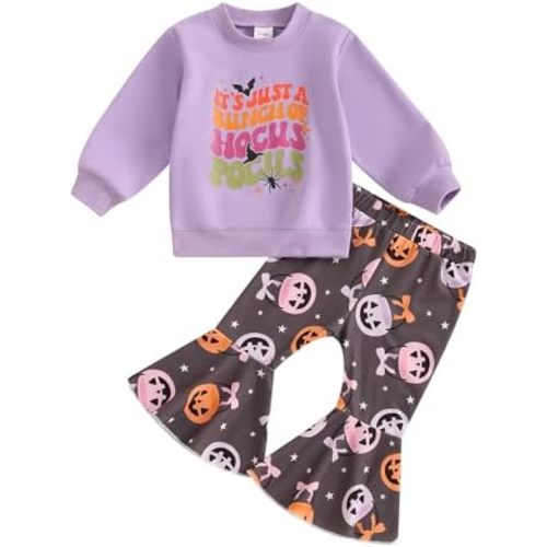 Toddler Baby Girl Halloween Clothes Set Long Sleeve Letter Sweatshirt Tops Pumpkin Bell Bottom Pants Set Fall Outfits