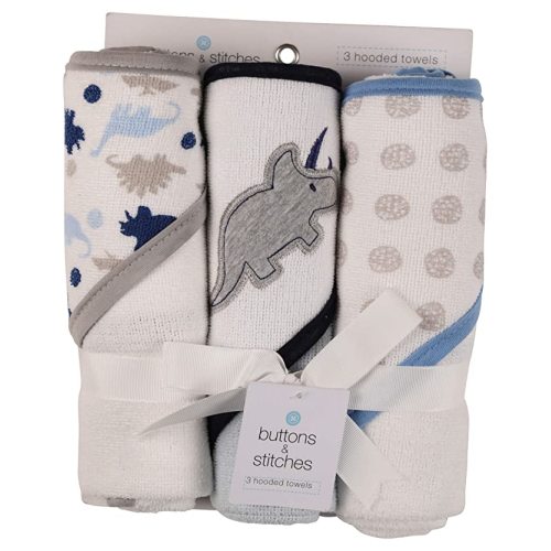 Cudlie Buttons and Stitches Baby Boys 3 Pack Infant Hooded Towel, Triceratops Prints (GS71365)
