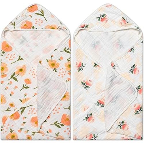 Zainpe 2Pcs Muslin Baby Hooded Towel Flowers Pattern Soft Cotton Absorbent Bath Towel Blanket Set for Infant Shower Gifts Newborn Essential Toddler Boys Girls 31.5 X 31.5 in
