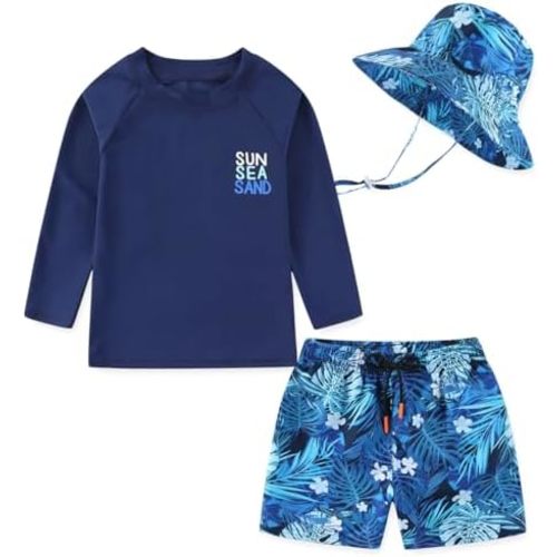 Toddlers Baby Boys' 3-Piece Rashguard Set Kids Bathing Suit Set with Hat UPF 50+
